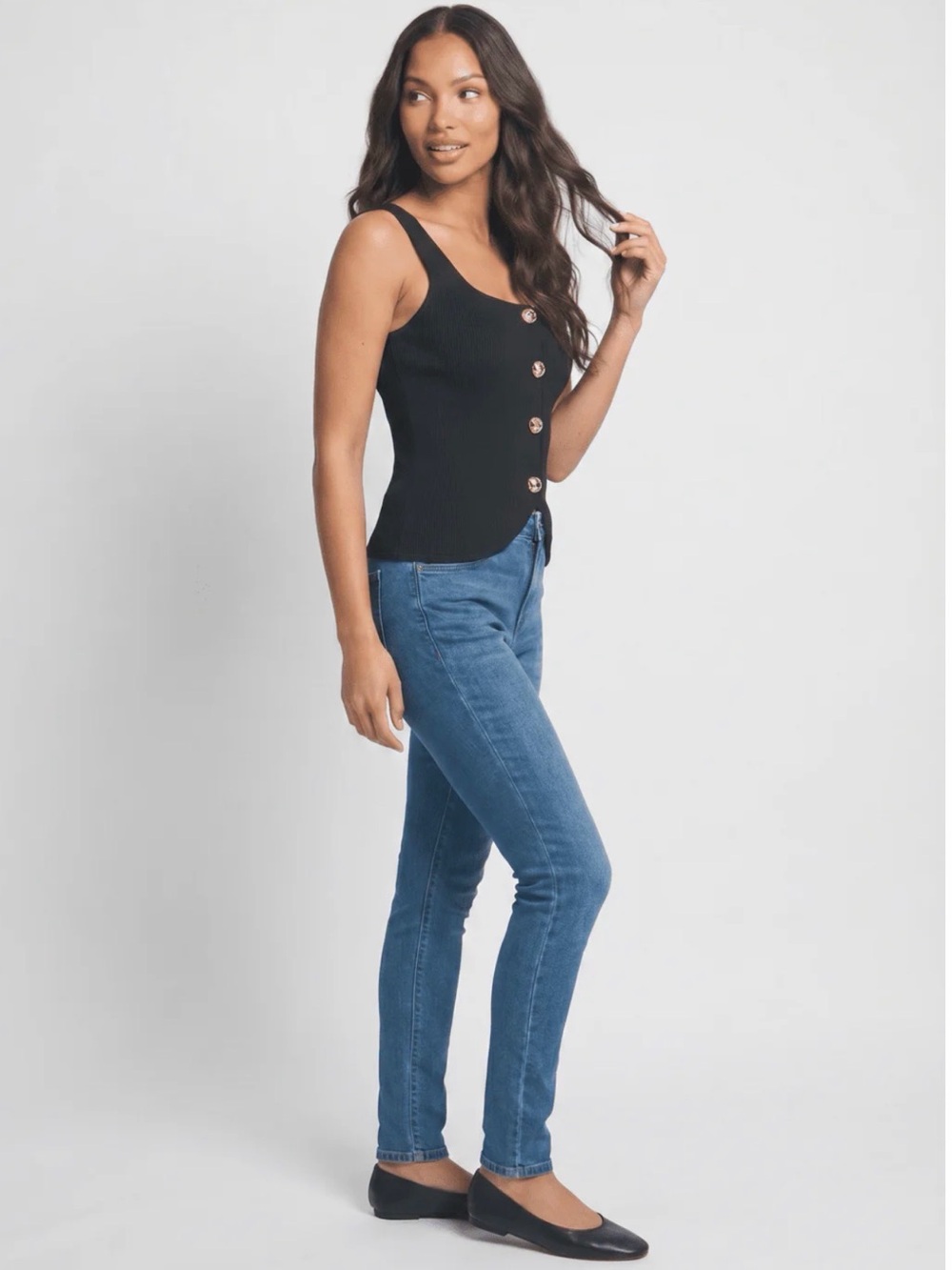 Sleeveless Black with Gold Button-Front Knit Top - Picture 4 of 4